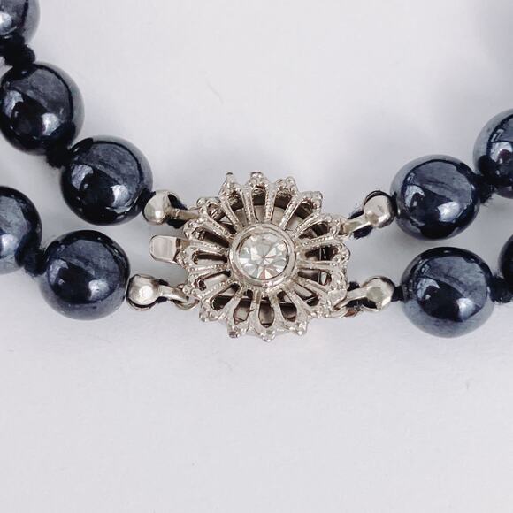 VTG Mid Century Bracelet Black Glass Double Strand Rhinestone Silver Tone Clasp - Picture 7 of 10